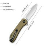 CIVIVI Elementum Flipper Knife Olive Micarta Handle (3'' Satin D2) C907S