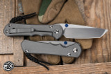 Chris Reeve Knives Large Inkosi Folding Knife Sandblasted Titanium, Blue Accents 3.6" MagnaCut Tanto Stonewash  LIN-1042