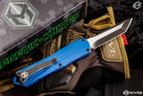 Heretic Knives Manticore E OTF Automatic Knife Blue 3.2" Tanto Battleworn Black H027-8A-BLU