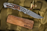 Harber Brand "Regal" Folding Knife Titanium Koa Wood Inlay 2.8" Vegas Forge Damascus