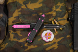 Microtech Tri-Grip Ultratech EKclusive Pink Accents OTF Knife 3.4" Black Dagger 122T-1TEKS