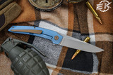 Hog House Knives Model T Folding Knife Blue Titanium 3.5" RWL-34 Blasted Drop Point, Satin Flats