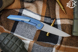 Hog House Knives Model T Folding Knife Blue Titanium 3.5" RWL-34 Blasted