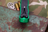 Heretic Knives "Cleric 2" OTF Green Aluminum/Textured Stainless Inlay 4.25" Black Two Tone Black Dagger H020-10A-GRN