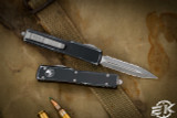 Microtech UTX-70 OTF Automatic Knife Distressed Black 2.4" Dagger Double Full Serrated Stonewash 147-D12DBK