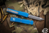 Microtech Ultratech OTF Automatic Knife Distressed Blue 3.4" Tanto Serrated 123-12DBL