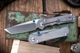 Left Hand-Chris Reeve Knives Large Inkosi Folding Knife Sandblasted Titanium, Blue Accents  3.6" MagnaCut Tanto Stonewash LIN-1043