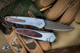 ProTech Newport Custom Titanium Blue Desert Ironwood Inlay, Automatic Folding Knife, Mosaic Button 3" Spirograph Damascus