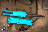 Microtech Hera II Mini OTF Automatic Knife Turquoise 3" M390 Dagger Full Serrated Black 1702M-3TQ