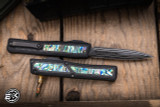 Heretic Knives Custom NYX OTF Automatic Knife Carbon Fiber/Abalone Inlay 3.7" Double-Edge Baker Forge Damascus