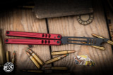 Squid Industries Mako V5 Bottle Opener Balisong Red Aluminum 4.25" Trainer DLC Black