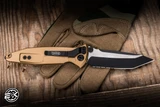 Preowned-Microtech Socom Elite Folding Knife Tan Aluminum/CF Inlay 4" M390 Tanto Black Serrated 161-2TA