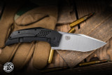 Preowned-Reate Tashi Bharucha T3500 Flipper Knife Black Stonewash Titanium/Brass Inlay 3.5" M390 Satin