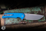 Preowned-ProTech Mordax Manual Flipper Knife Blue Gridlock Texture 3.75" MagnaCut Drop Point Stonewash MX105-BLUE-GRIDLOCK