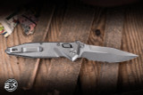Microtech Marfione Select Socom RAM-LOK Manual Knife Slab Stonewash Titanium, Blue Accents Double Vapor Blast 4" M390 Stonewash Spear Point Part Serrated 160RLS-11SMS3
