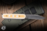 Switch Army Switchblade Knife Vintage Westinghouse Micarta, Pearl Inlay 3.25" VF Spirograph Damascus Bowie Satin EK-3036