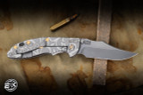 Preowned- Hinderer Knives Artistry Series XM-18 3.5" MagnaCut Bowie Non Flipper Folding Knife, Scroll Engraved Titanium