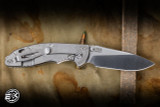 Preowned- Hinderer Knives XM-18 3.5" 20CV Slicer Hollow Grind Non Flipper, Textured Titanium Milled Horsehead x Glass Breaker