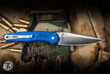 ProTech x Peace Neighbor Avalon Button Lock Manual Knife Knurled Blue Aluminum 4.25" MagnaCut Drop Point Machine Satin