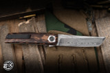 J. Oeser Tachi JM Flipper Knife Feather Koa 4.25" Damasteel Feather Tanto