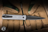 ProTech Godfather Automatic Folding Knife Battleworn Grey Aluminum, Black Lip Pearl Button 4" 154CM Stiletto Black DLC - Blade Show Exclusive