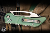 Heretic Knives Koschei Folding Knife Antique Green Titanium, Abalone Button 3.5" M390 Drop Point Bronze Cracked Ice -Blade Show Exclusive