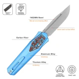 Remette RT Swordfish Gravity Knife Oxidized Blue Aluminum, Carbon Fiber Inlay 3.15" 14C28N Modified Tanto Stonewash