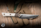 Microtech Prototype Fixed Blade Kitchen Steak Knife Ivory G10/Bronzed Bolster 4.5" M390 San Mai Damascus 3600B-16IVPR