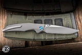 Koenig Knives Xenon Folding Knife Blasted Titanium/Blue Accents 3.38" M390 Drop Point Burnished w/ Polished Flats
