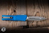 Preowned-Microtech Combat Troodon Gen III OTF Automatic Knife Blue Aluminum 4" M390 Dagger Apocalyptic Stonewash 1142-10APBL