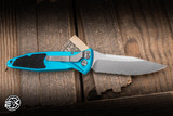 Preowned-Microtech Socom Elite Automatic Folding Knife Turquoise Aluminum/Grip Inlay 4" M390 Serrated 160A-11TQ