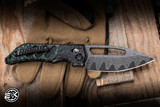Heretic Knives Custom Koschei Folding Knife Antiqued Copper/Abalone Button 3.5" Reptilian Vegas Forge Damascus/Nitro V Core