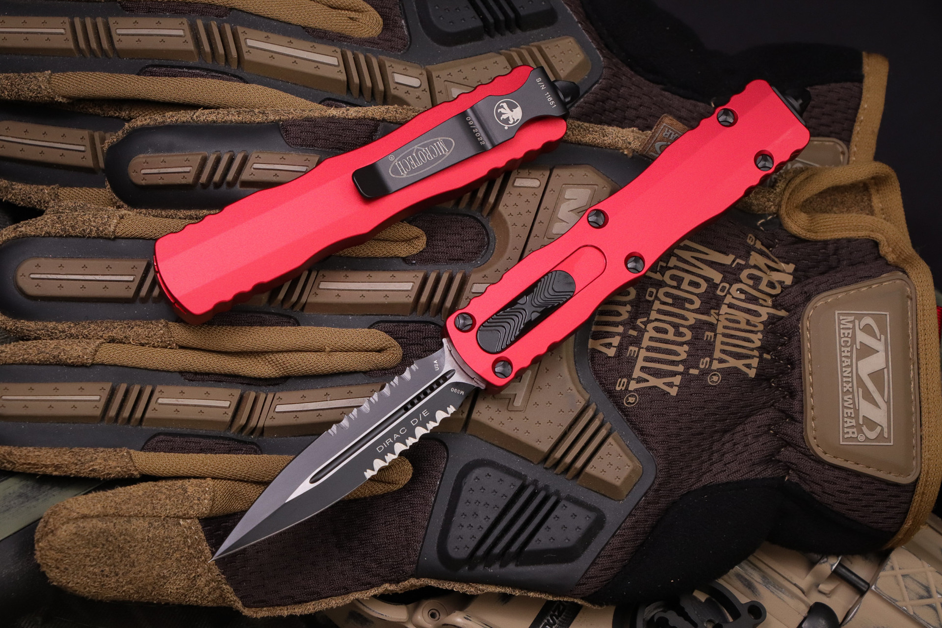 Microtech Dirac OTF Automatic Knife Red 3" Dagger Black Serrated 2252RD