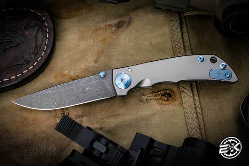 Spartan Blades SF10 Harsey Folder Custom Titanium Stonewash Blue Accents 3.25" Drop Point Damascus