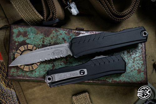 Microtech Cypher II OTF Automatic Knife Black Aluminum 3.5" S/E Apocalyptic Stonewash Serrated 1241-11AP