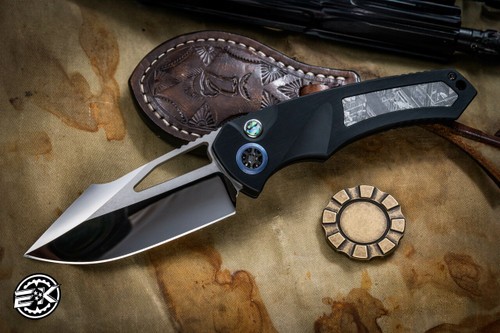 Heretic Knives Custom "Pariah" Manual Button Lock Folding Knife Aluminum Meteorite Inlay 4" Mirror Polish