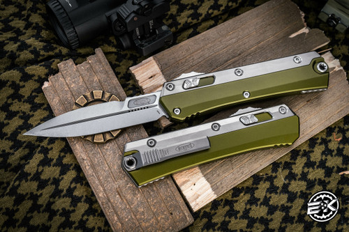 Microtech "Glykon" OD Green OTF Automatic Knife Aluminum/Titanium 3.75" Bayonet Stonewash 184-10OD