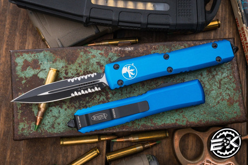 Microtech Ultratech OTF Automatic Knife Blue 3.4\" Dagger Black Serrated 122-2BL