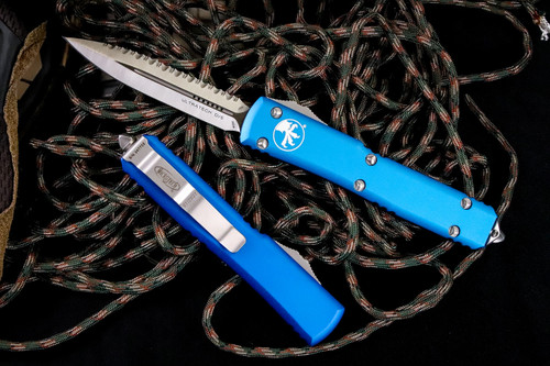 Microtech Ultratech OTF Automatic Knife Blue 3.4\" Double Edge Satin Serrated 122-6BL
