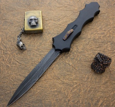 Burn Knives Custom Vengeance D/A OTF Black MokuTi Button Damascus DE Hollow Grind