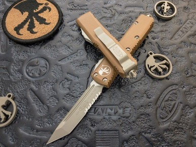 Microtech UTX-85 Tan OTF Tanto Bead Blast Serrated M390 233-8TA