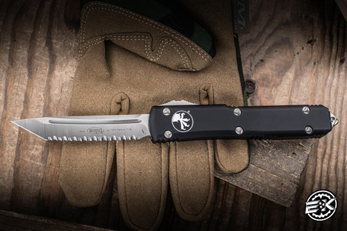 Microtech Ultratech OTF Automatic Knife Black Aluminum  3.4" M390 Tanto Satin Serrated 123-6