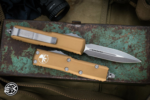 Microtech UTX-85 OTF Automatic Knife Tan 3\" Apocalyptic Stonewash 232-10APTA 