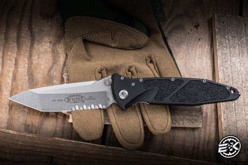 Microtech Socom Elite Manual Folding Knife Black Aluminum 4" M390 Tanto Stonewash Part-Serrated 161-11