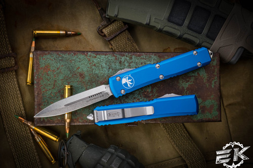 Microtech Ultratech Blue OTF Automatic 3.4\" Dagger Stonewash 122-10BL