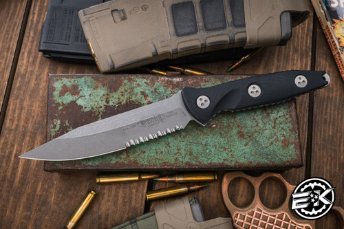 Microtech Socom Alpha Fixed Blade Knife Black G10 5" Tanto Apocalyptic Stonewash Serrated 113-11AP