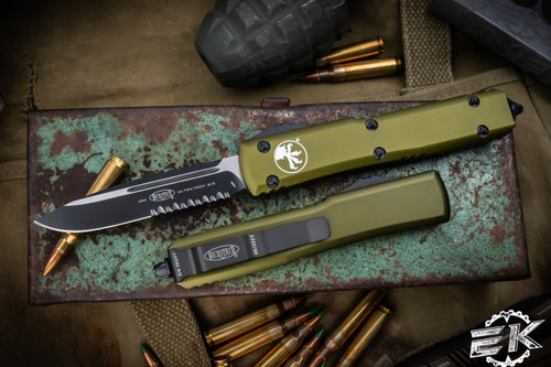 Microtech Ultratech OTF Automatic Knife OD Green 3.4\" Drop Point Black Serrated 121-2OD