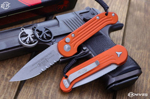 Microtech LUDT Orange Automatic 3.4" M390 Stonewash Serrated 135-11OR