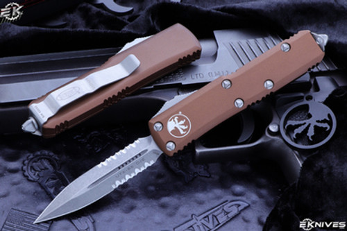 Microtech UTX-85 Tan OTF Automatic 3" Dagger Stonewash Serrated 232-11TA