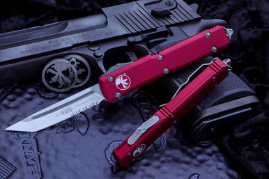 Microtech Ultratech Red OTF Automatic Tanto Satin Part Serrated 123-5RD